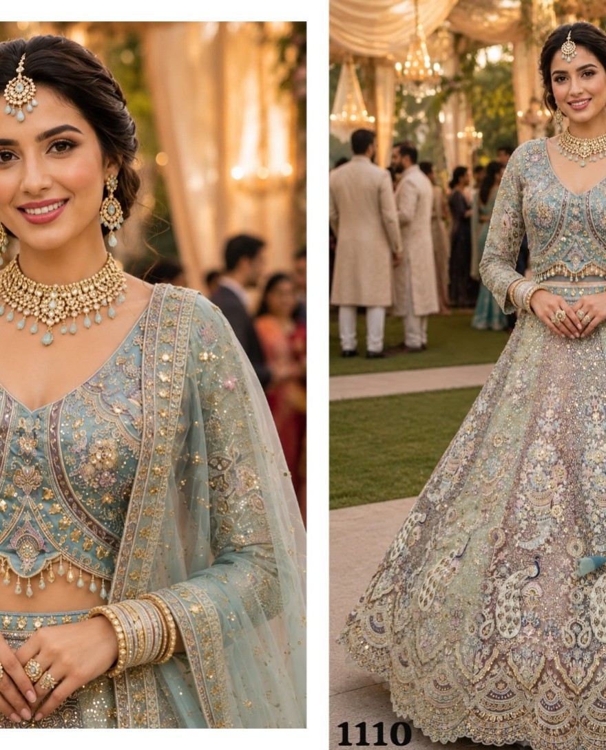 BLUE - Multi Colour Net Lehenga Choli with Embroidered, Resham and Zari Work